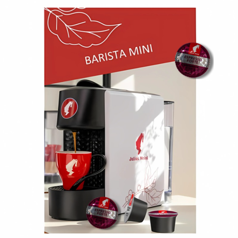 Kavni aparat na kapsule Barista Mini Julius Meinl z Espresso Forte kapsulami in skodelico za espresso
