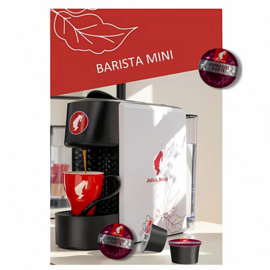 Kavni aparat na kapsule Barista Mini Julius Meinl z Espresso Forte kapsulami in skodelico za espresso