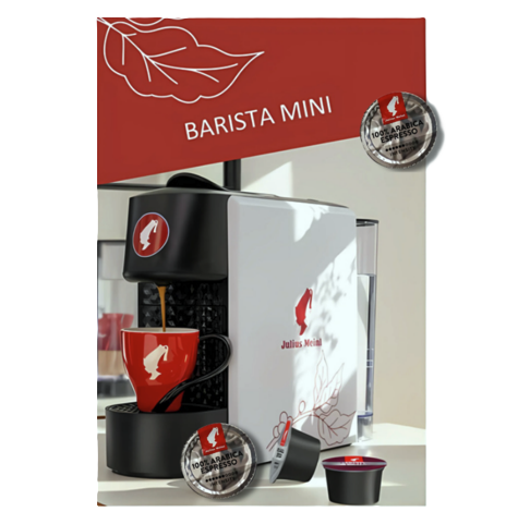 Kavni aparat na kapsule Barista Mini Julius Meinl z Arabica Espresso kapsulami in skodelico za espresso