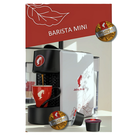 Kavni aparat na kapsule Barista Mini Julius Meinl z Arabica Lungo kapsulami in skodelico za espresso