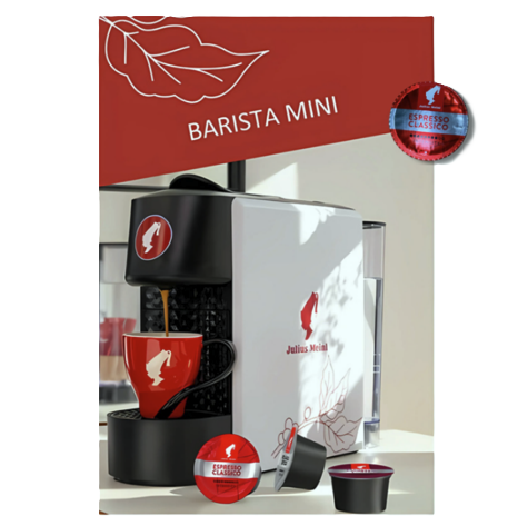 Kavni aparat na kapsule Barista Mini Julius Meinl z Espresso Classico kapsulami in skodelico za espresso