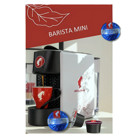 Kavni aparat na kapsule Barista Mini Julius Meinl z Espresso Decaf kapsulami in skodelico za espresso