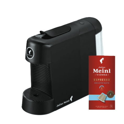 Kavni aparat na kapsule Cino Pinta blagovne znamke Julius Meinl z kapsulami kompatibilnimi z nespresso aparati, okusa Espresso Decaffeinato.