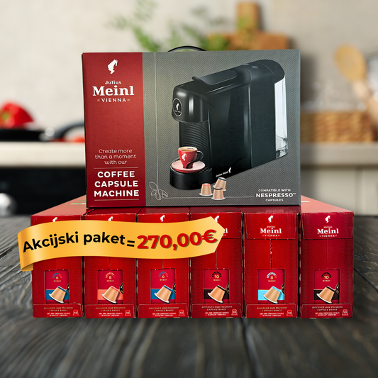 Akcijski paket - 600 kavnih kapsul Julius Meinl Nespresso in kavni aparat Cino Pinta