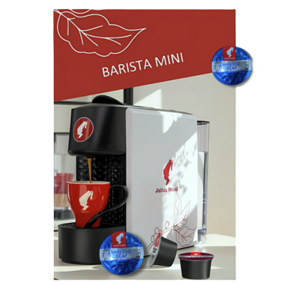 Kavni aparat na kapsule Barista Mini Julius Meinl z Espresso Decaf kapsulami in skodelico za espresso