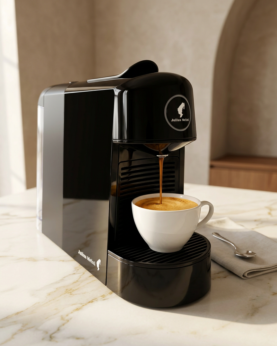 Julius Meinl Professional Cino Pinta med pripravo kave v beli skodelici.