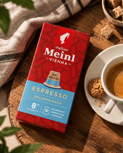 A box of Julius Meinl Vienna Espresso Decaffeinato coffee capsules sits on a rustic wooden table next to a cup of espresso, cookies, and a striped cloth.